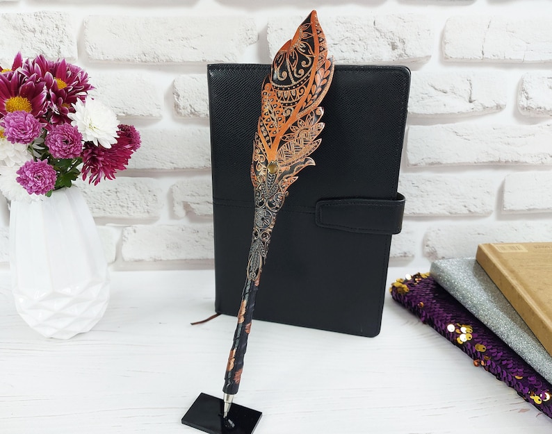 Gothic fantasy pen, Feather Steampunk wedding pen, 30th birthday wife gift, Grimoire Witch journal, Custom fountain pen, Wizard copper pen image 3