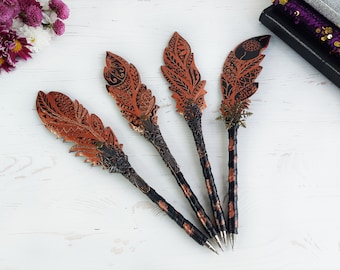 Black ballpoint pen, Fantasy pen, Feather pen, Steampunk pen, Gothic quill dip pen set, Custom fountain pen, Wizard wand pen, Halloween pen