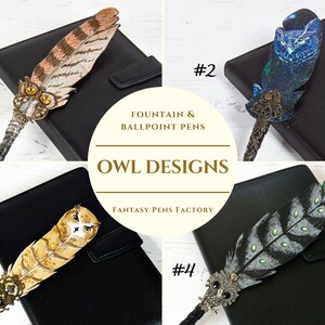 May include: Four decorative fountain and ballpoint pens with owl designs, each featuring a feather-shaped pen with an owl-themed embellishment. The pens rest on a black leather notebook. The text "FOUNTAIN & BALLPOINT PENS" and "OWL DESIGNS" are visible.
