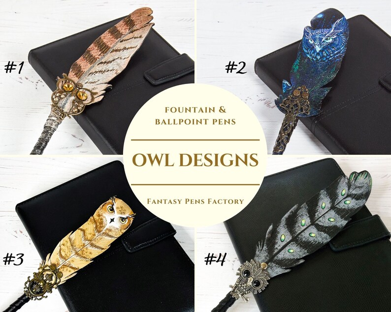 May include: Four decorative fountain and ballpoint pens with owl designs, each featuring a feather-shaped pen with an owl-themed embellishment. The pens rest on a black leather notebook. The text "FOUNTAIN & BALLPOINT PENS" and "OWL DESIGNS" are visible.