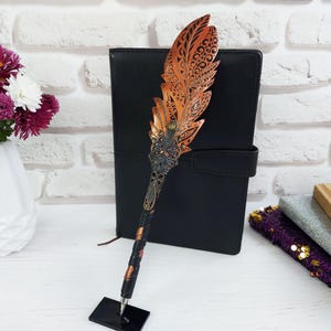 Gothic fantasy pen, Feather Steampunk wedding pen, 30th birthday wife gift, Grimoire Witch journal, Custom fountain pen, Wizard copper pen image 4
