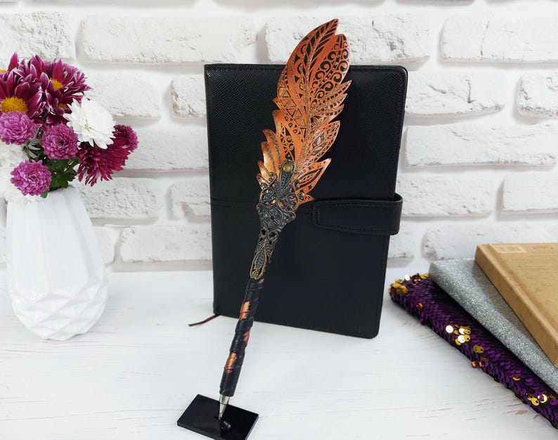Gothic fantasy pen, Feather Steampunk wedding pen, 30th birthday wife gift, Grimoire Witch journal, Custom fountain pen, Wizard copper pen image 4
