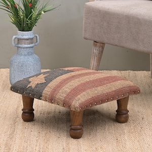 Handcrafted Acacia Wood Pouf | Low Kilim Upholstered Footstool Ottoman | Traditional Wool Jute Accent for Living Room  Decorative Home Decor