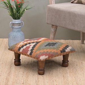 Handcrafted Acacia Wooden Footstool | Low Kilim Upholstered Footstool Ottoman | Traditional Wool Step Stool Living Room and Bedroom