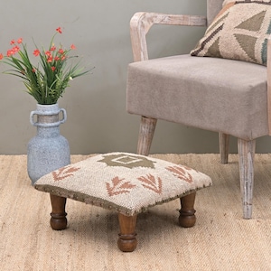 Handcrafted Acacia Wood Pouf | Low Kilim Upholstered Footstool Ottoman | Traditional Wool Jute Accent for Living Room  Decorative Home Decor