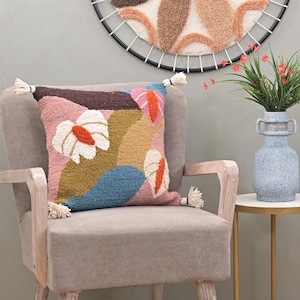 Funda de cojín con mechones de primera calidad hecha a mano / Diseño floral colorido / Almohada artesanal para sofá cama Sala de estar Regalo perfecto para ella