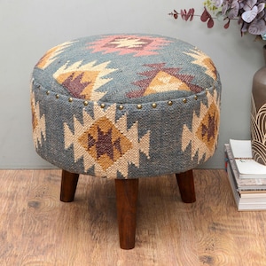 Kilim Jute Rug Pouf Ottoman Handmade Stool Round Stool - Handmade Gift Solid Wood Stool for Home Decor-Small Stool for New Home Gift