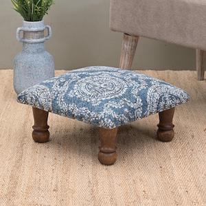 Handcrafted Acacia Wood Pouf | Low Kilim Upholstered Footstool Ottoman | Traditional Cotton Accent for Living Room Decorative Home Decor