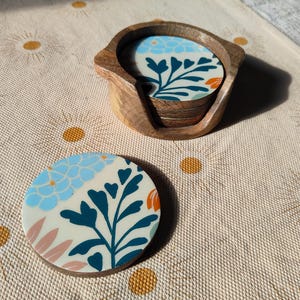 Handpainted Wooden Coaster Set with Holder | Floral Epoxy Resin Drink Coasters | Wooden Coasters for Coffee Table Decor | Gift for Home