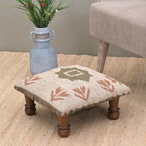 Handcrafted Acacia Wood Pouf | Low Kilim Upholstered Footstool Ottoman | Traditional Wool Jute Accent for Living Room  Decorative Home Decor