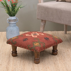 Handcrafted Acacia Wood Pouf | Low Kilim Upholstered Footstool Ottoman | Traditional Wool Jute Accent for Living Room  Decorative Home Decor