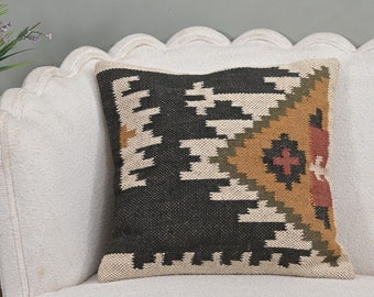 Handwoven Kilim Cushion 50x50cm (20x20&quot;) | Square Sofa Decorative Cushion | Jute & Wool Blend Pillow Cover | Boho Cushion for Living Room