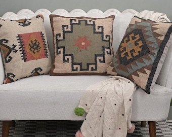 Set of 3 Handwoven Kilim Throw Cushions 50x50cm (20x20&quot;) | Square Sofa Decorative Cushion Set | Jute & Wool Blend Pillow Covers Boho Accent