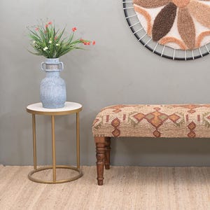Handmade Kilim Jute Ottoman Piano Bench, Boho Upholstered Wooden Indian Wool Rug Footstool, Traditional Entryway Bench For Living Room Decor