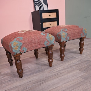 Set Of 2 Wooden Foot Stool | Pouf Ottoman and Vintage Acacia Wood Stool - Traditional Living Room Accent Furniture, Bohemian Decor