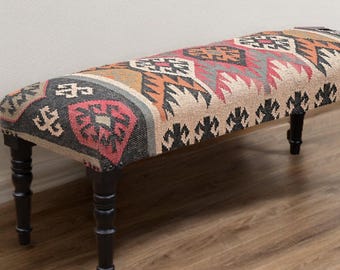 Banco Kilim hecho a mano, estilo marroquí, tapizado, para recibidor, muebles de yute indio, taburete bohemio, banco de madera para sala de estar.