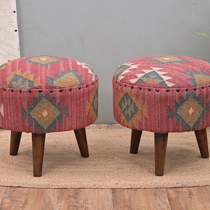 Handmade Footstool | Set of 2 Wooden Foot Stools | Bohemian Pouf Ottoman & Vintage Acacia Wood Stool for Traditional Living Room Decor Pouf