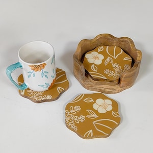 Handpainted Wooden Coaster Set with Holder | Floral Epoxy Resin Drink Coasters | Wooden Coasters for Coffee Table Decor | Gift for Home