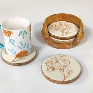 Handpainted Wooden Coaster Set with Holder | Floral Epoxy Resin Drink Coasters | Wooden Coasters for Coffee Table Decor | Gift for Home
