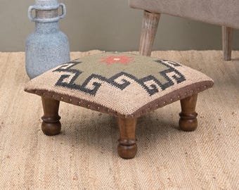Boho Kilim Low Ottoman Footstool, Wooden Upholstered Foot Rest, Rustic Home Decor, Small Accent Stool