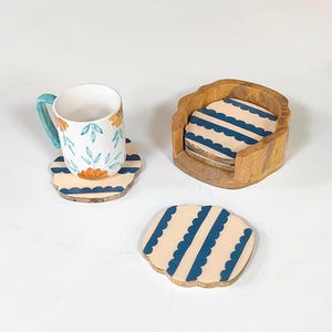Handpainted Wooden Coaster Set with Holder | Epoxy Resin Drink Coasters | Wooden Coasters for Coffee Table Decor | Gift for Home