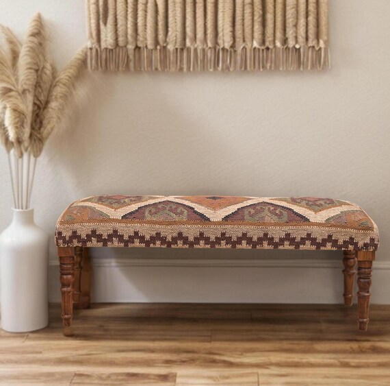 Handmade Kilim Jute Upholstered Bench: Bohemian Ottoman, Turkish Decor