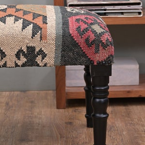 Handmade Kilim Bench Moroccan Style Upholstered Entryway Bench, Indian Jute Kilim Furniture, Boho Footstool Wooden Bench for Living Room