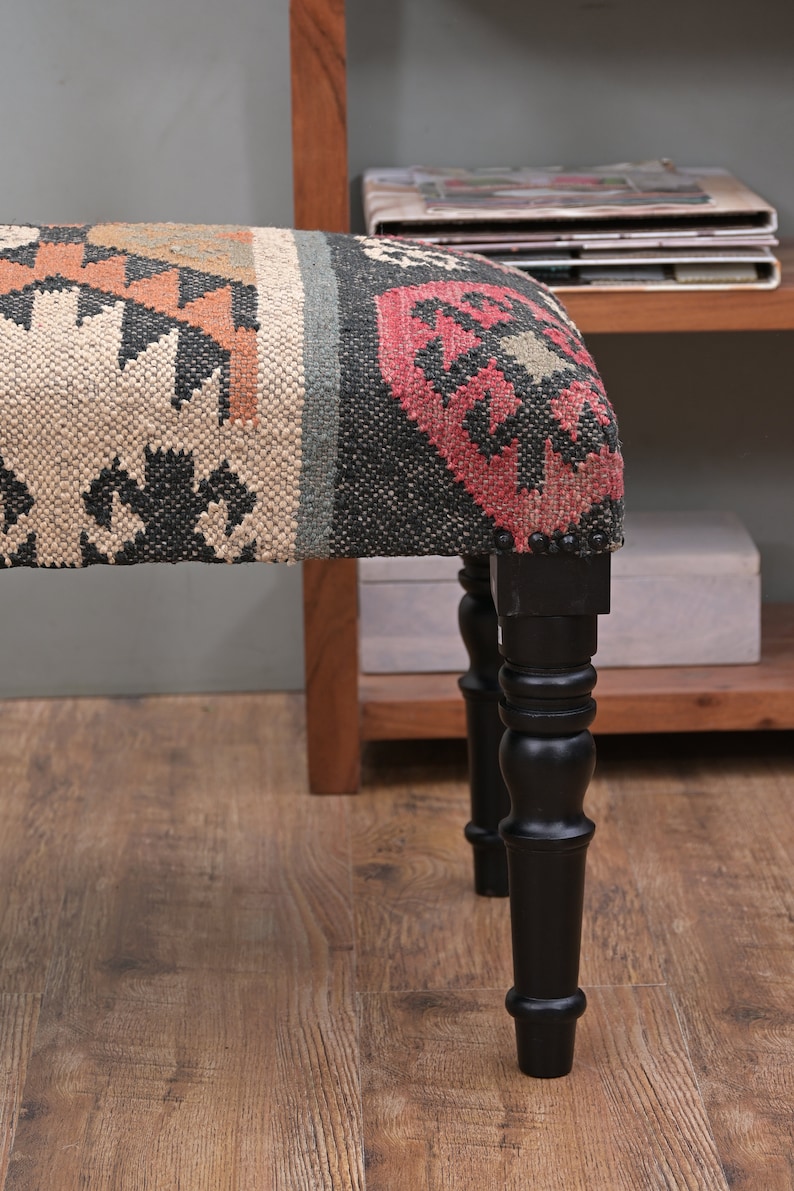 Handmade Kilim Bench Moroccan Style Upholstered Entryway Bench, Indian Jute Kilim Furniture, Boho Footstool Wooden Bench for Living Room