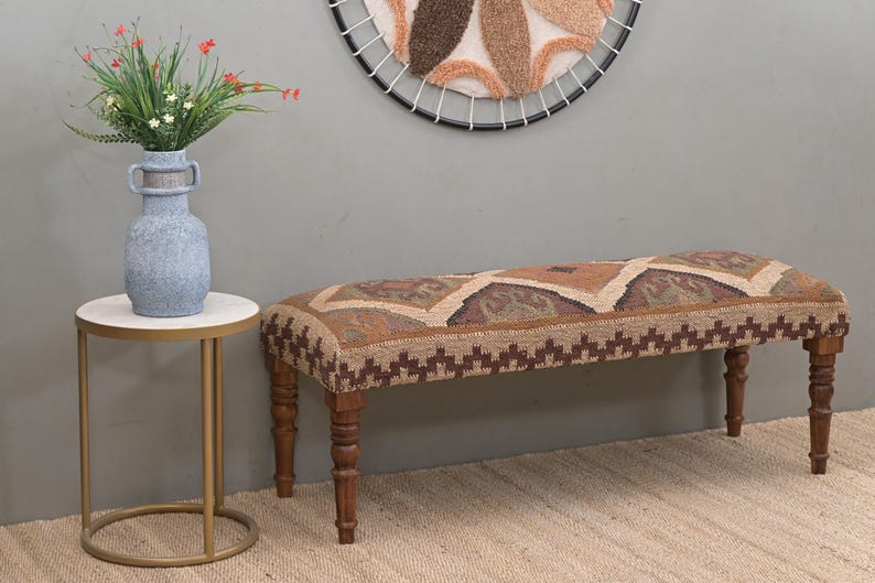 Handgefertigte Kilim Bank im marokkanischen Stil eine gepolsterte Eingangsbank, indische Jute-Kelim-Möbel, Boho Hocker Holzbank für Wohnzimmer 8