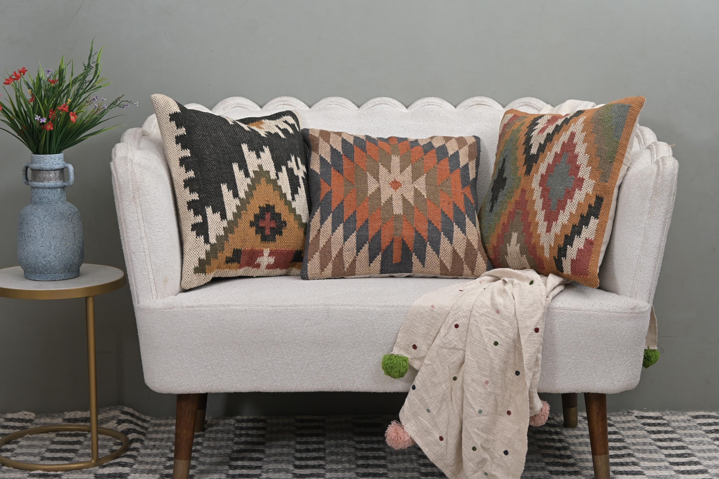 Set of 3 Handwoven Kilim Throw Cushions 50x50cm (20x20") | Square Sofa Decorative Cushion Set | Jute & Wool Blend Pillow Covers Boho Accent