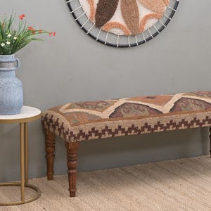 Handmade Kilim Jute Ottoman Piano Bench, Boho Upholstered Wooden Indian Wool Rug Footstool, Traditional Entryway Bench For Living Room Decor