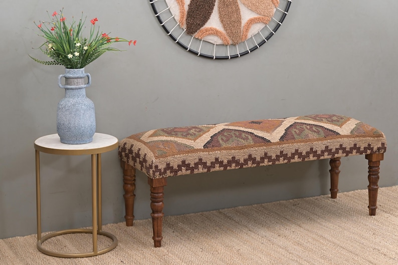 Handmade Kilim Jute Ottoman Piano Bench, Boho Upholstered Wooden Indian Wool Rug Footstool, Traditional Entryway Bench For Living Room Decor