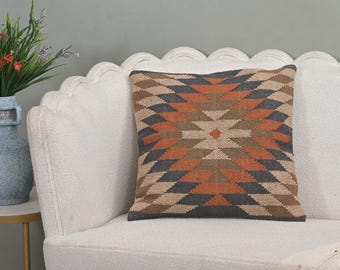 Handwoven Kilim Cushion 50x50cm (20x20&quot;) | Square Sofa Decorative Cushion | Jute & Wool Blend Pillow Cover | Boho Cushion for Living Room
