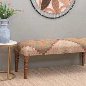 Handmade Kilim Bench Moroccan Style Upholstered Entryway Bench, Indian Jute Kilim Furniture, Boho Footstool Wooden Bench for Living Room