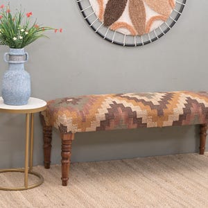 Banco otomano Kilim de yute hecho a mano, taburete de madera tapizado estilo bohemio, asiento tradicional para la entrada. 6