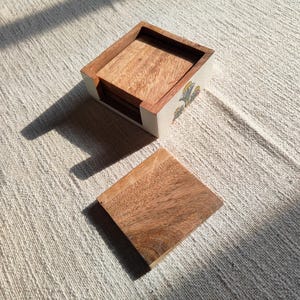 Handpainted Wooden Coaster Set with Holder |Epoxy Resin Drink Coasters | Wooden Coasters for Coffee Table Decor | Gift for Home