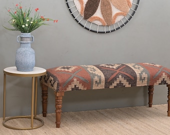 Banco con alfombra de yute Kilim hecho a mano: Otomana bohemia, decoración turca