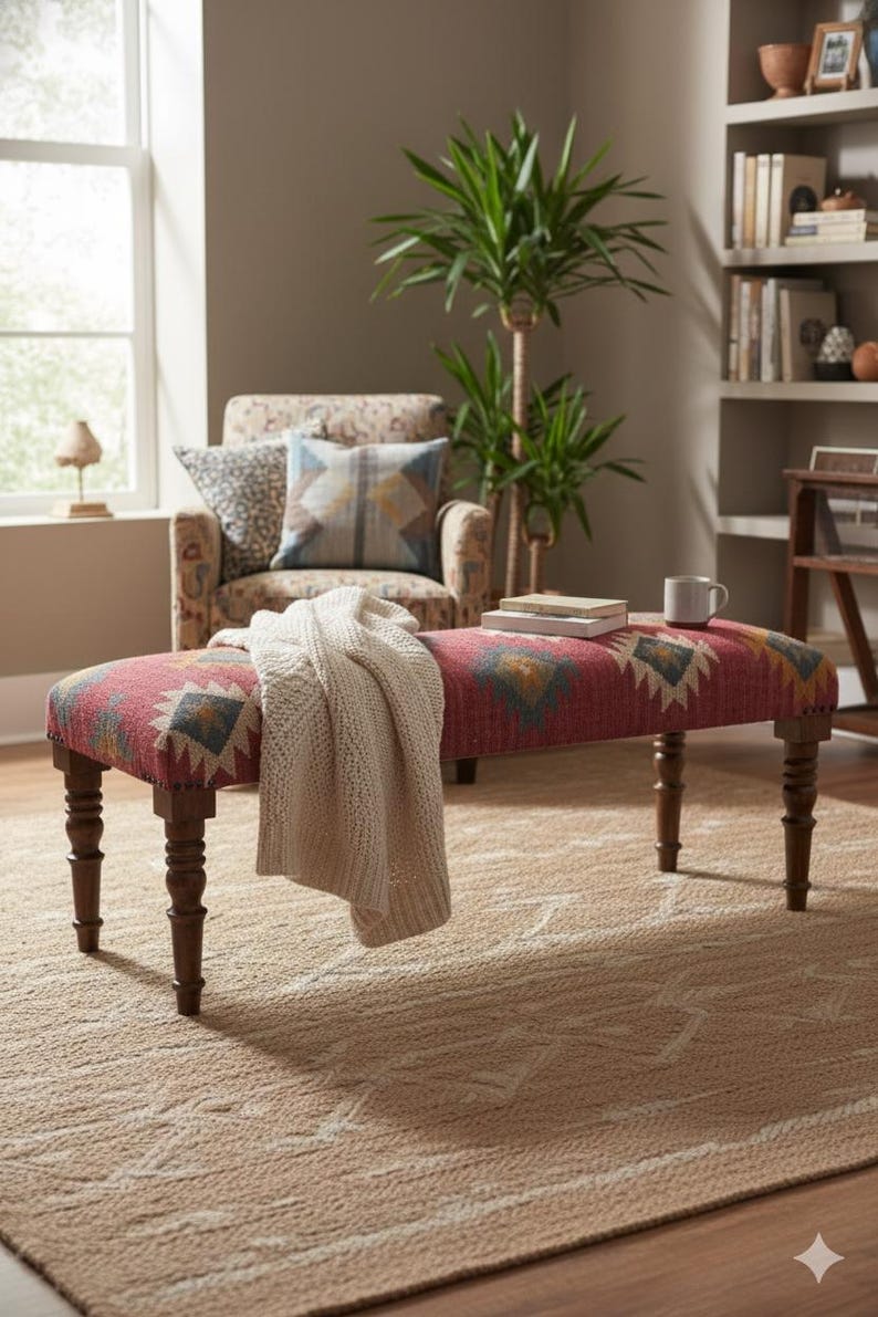 K&ouml;nnte beinhalten: Rote gepolsterte Bank mit geometrischem Muster in Blau, Gelb und Wei&szlig;. Die Bank hat dunkle Holzbeine und ist mit einem cremefarbenen Strickwurf bedeckt. Eine Tasse und B&uuml;cher liegen obenauf.