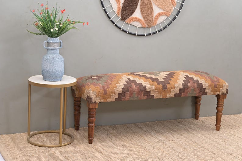 Handmade Kilim Bench Moroccan Style Upholstered Entryway Bench, Indian Jute Kilim Furniture, Boho Footstool Wooden Bench for Living Room