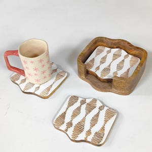 Handpainted Wooden Coaster Set with Holder | Floral Epoxy Resin Drink Coasters | Wooden Coasters for Coffee Table Decor | Gift for Home