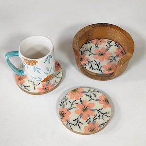 Handpainted Wooden Coaster Set with Holder | Floral Epoxy Resin Drink Coasters | Wooden Coasters for Coffee Table Decor | Gift for Home
