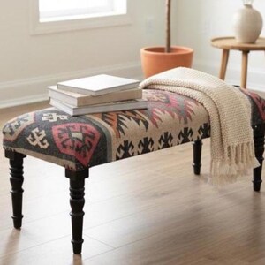 Handmade Kilim Bench Moroccan Style Upholstered Entryway Bench, Indian Jute Kilim Furniture, Boho Footstool Wooden Bench for Living Room
