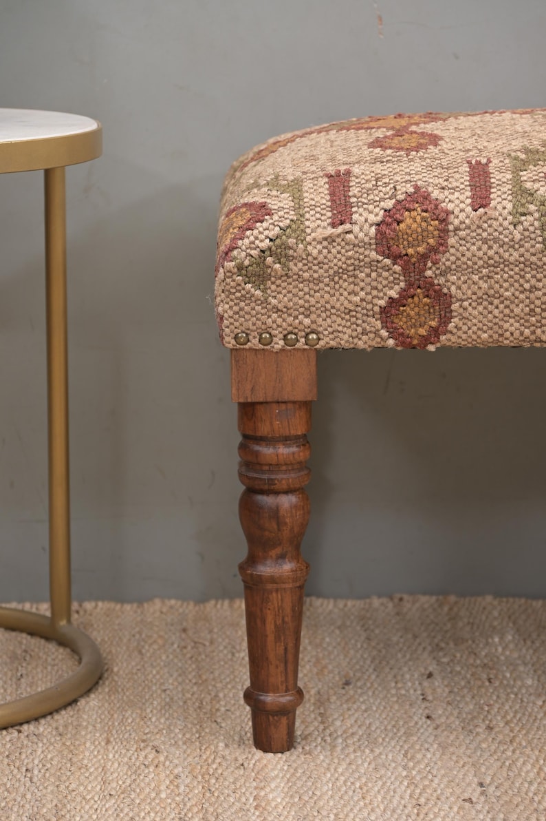 Handmade Kilim Jute Ottoman Piano Bench, Boho Upholstered Wooden Indian Wool Rug Footstool, Traditional Entryway Bench For Living Room Decor