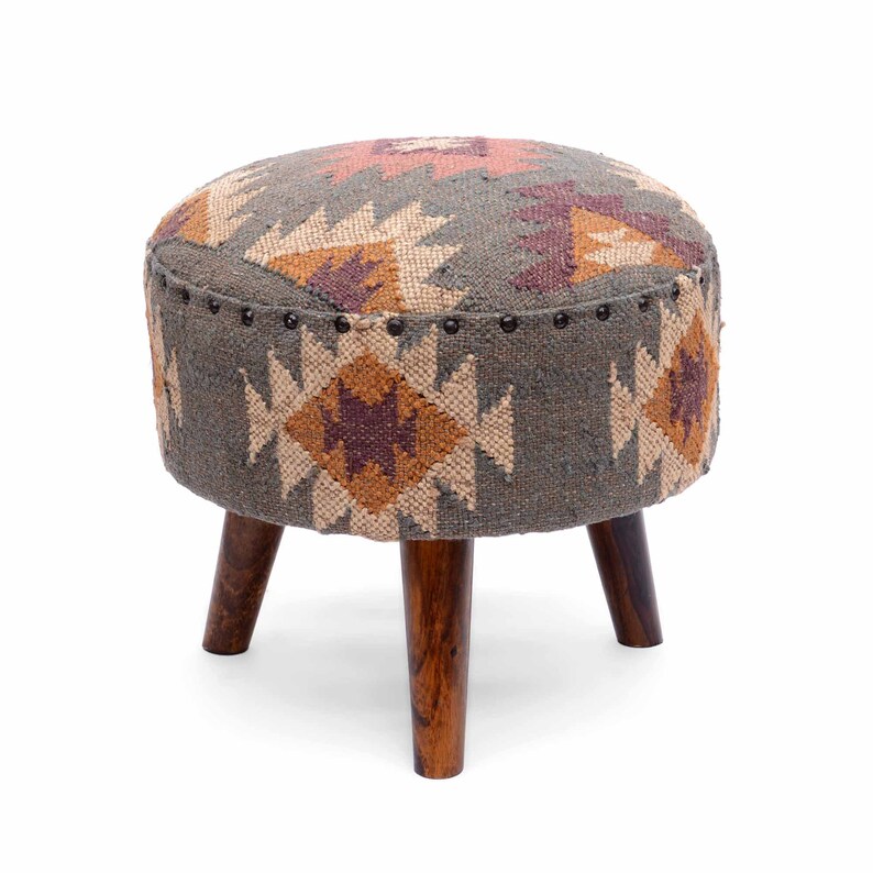 Designer Boho Kilim Round Stool Upholstery by Jute Rug Etsy