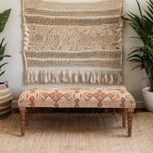 Handmade Kilim Jute Ottoman Piano Bench, Boho Upholstered Wooden Indian Wool Rug Footstool, Traditional Entryway Bench For Living Room Decor