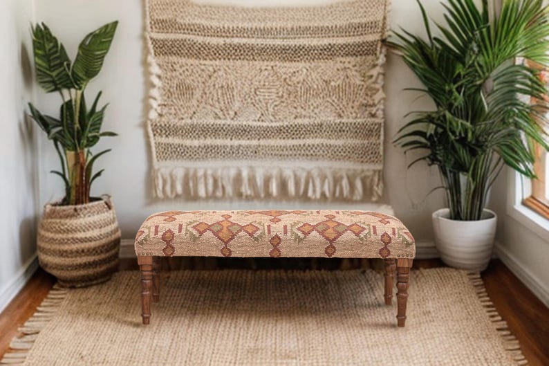 Handmade Kilim Jute Ottoman Piano Bench, Boho Upholstered Wooden Indian Wool Rug Footstool, Traditional Entryway Bench For Living Room Decor