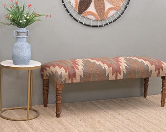 Kelim gepolsterte Holzteppich Bank, Boho Ottoman Bank, Eingangsbank, Salonbank, Designer Rustikale Dekormöbel
