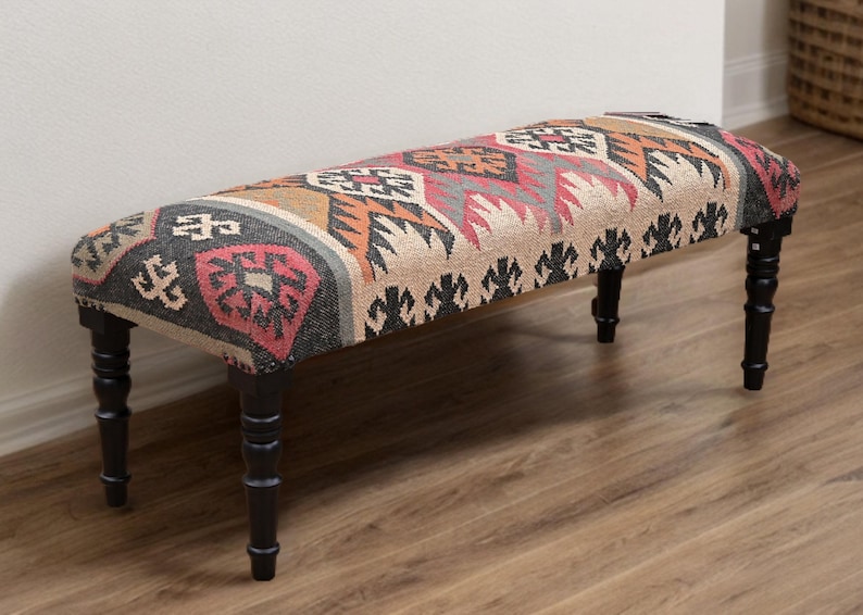 Handmade Kilim Bench Moroccan Style Upholstered Entryway Bench, Indian Jute Kilim Furniture, Boho Footstool Wooden Bench for Living Room