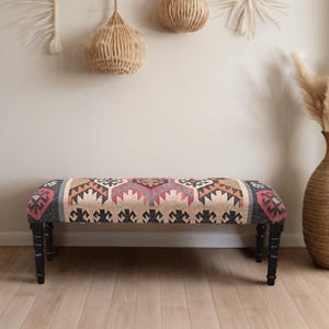 Handmade Kilim Jute Ottoman Piano Bench, Boho Upholstered Wooden Indian Wool Rug Footstool, Traditional Entryway Bench For Living Room Decor