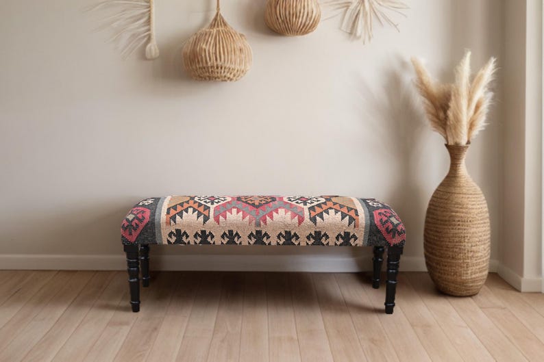 Handmade Kilim Jute Ottoman Piano Bench, Boho Upholstered Wooden Indian Wool Rug Footstool, Traditional Entryway Bench For Living Room Decor